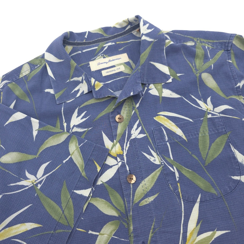 Tommy Bahama IslandZone Mens M Blue Bamboo Tropical Silk Blend Camp Shirt